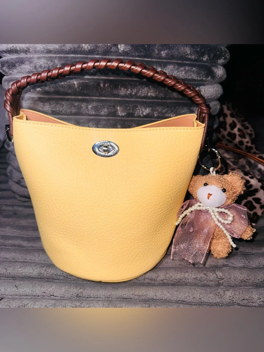 Purse!! Bucket Bag w/ Brown braided top handle-long strap & sm bag inside- NEW